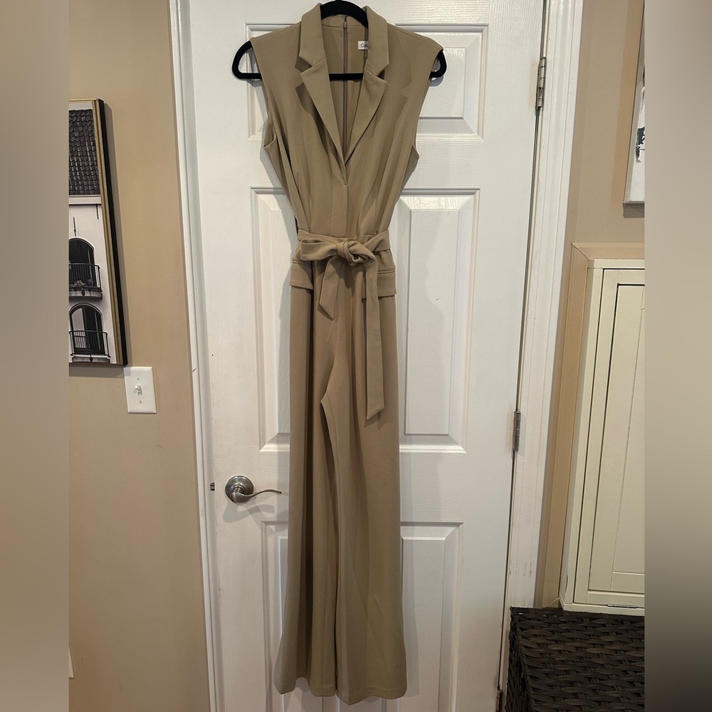 Calvin Klein Sleeveless Tie-Waist Jumpsuit in Tan